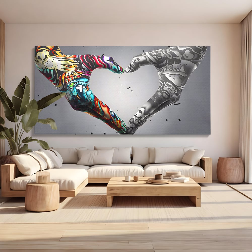 Tablou canvas cu tablou canvas cu maini in forma de inima stil grafitti, fara rama, pe sasiu de lemn, pe perete intr-un living